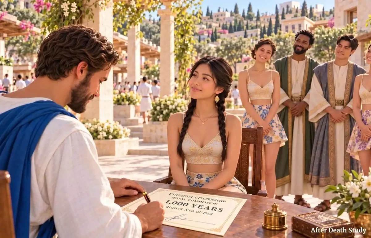 Jesus signing a 1,000-year document with representatives in a paradise city