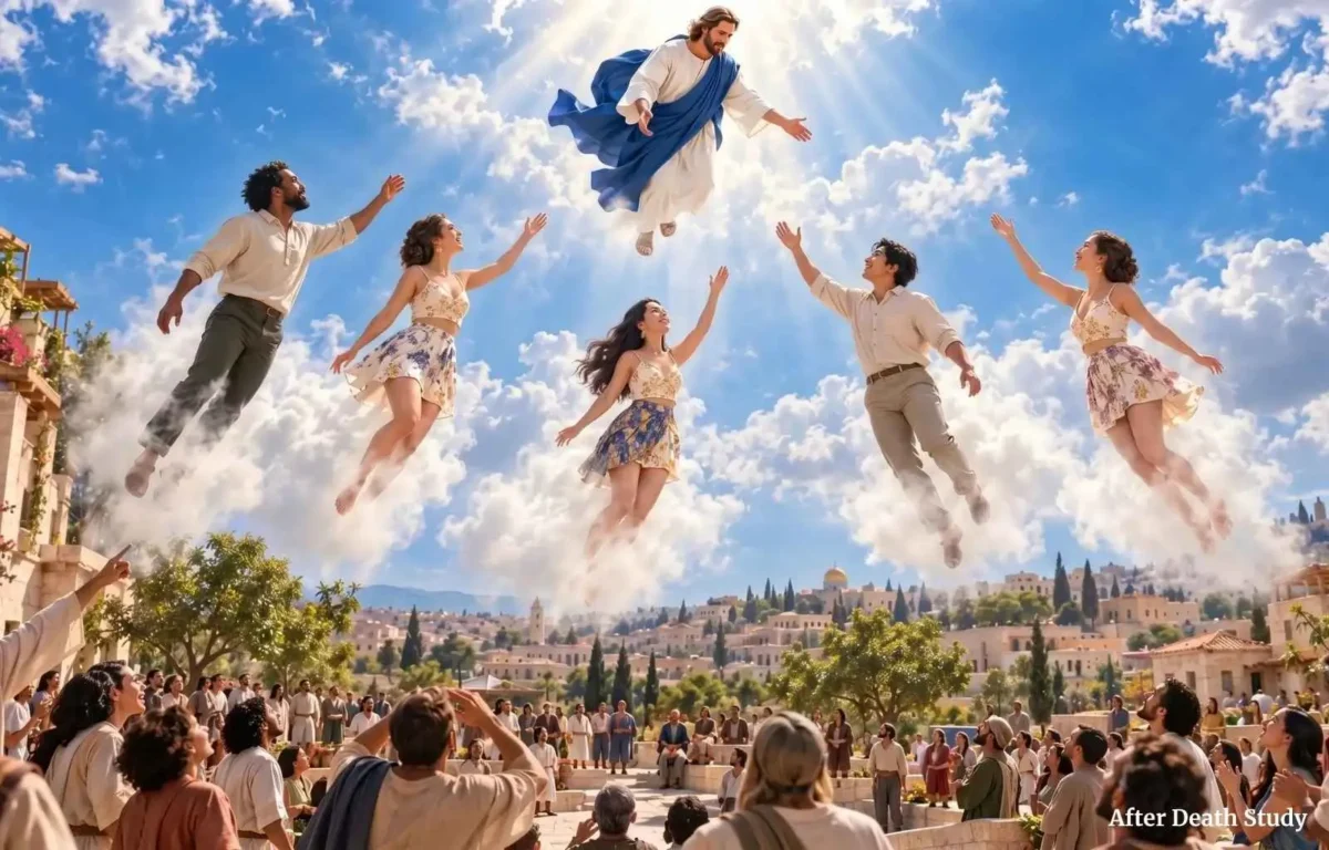 People rising from the earth toward Jesus in the sky